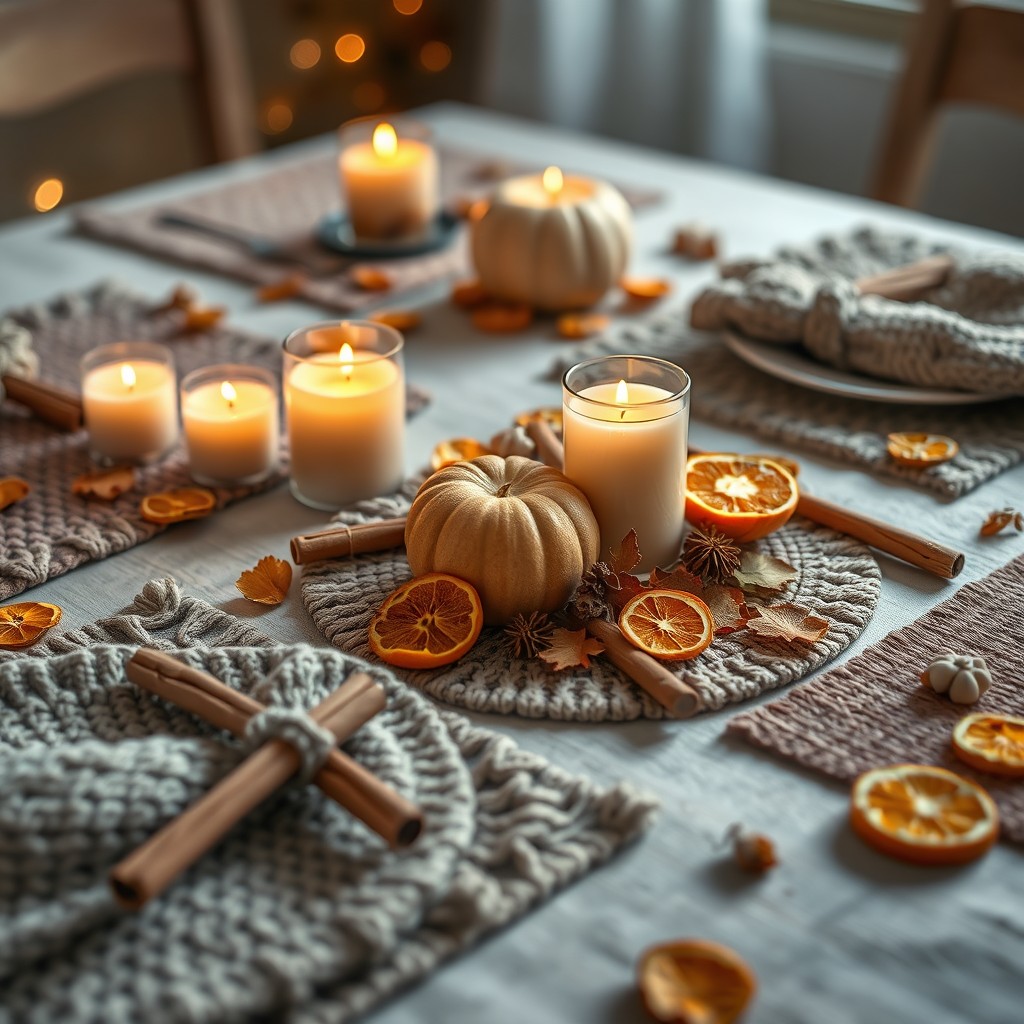 Knitted Placemats, Candles, Sinnamon Sticks And Dried Orange Slices