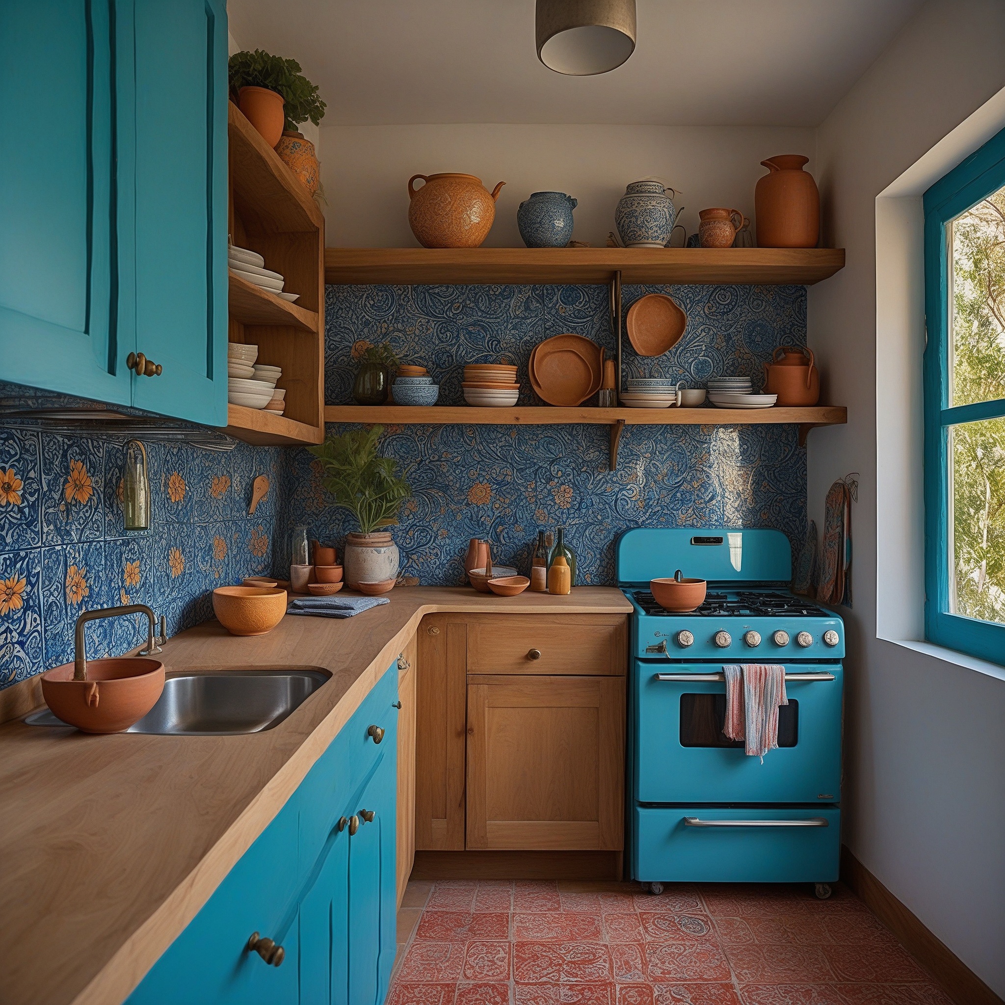 L-shaped Kitchen With Wood Countertops And Open Shelves And Blue Cabinets And Stove