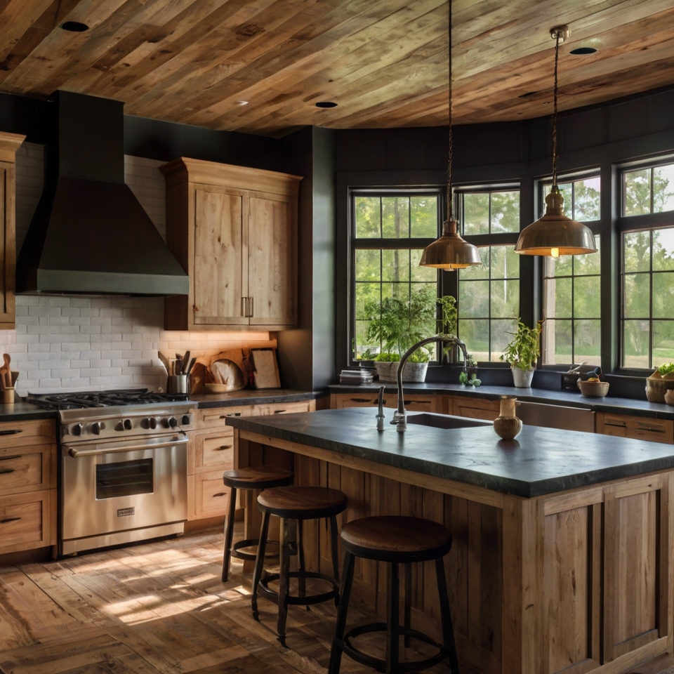 LIght Wood Cabinets, Dark Granite Countertops, Vintage Lighting