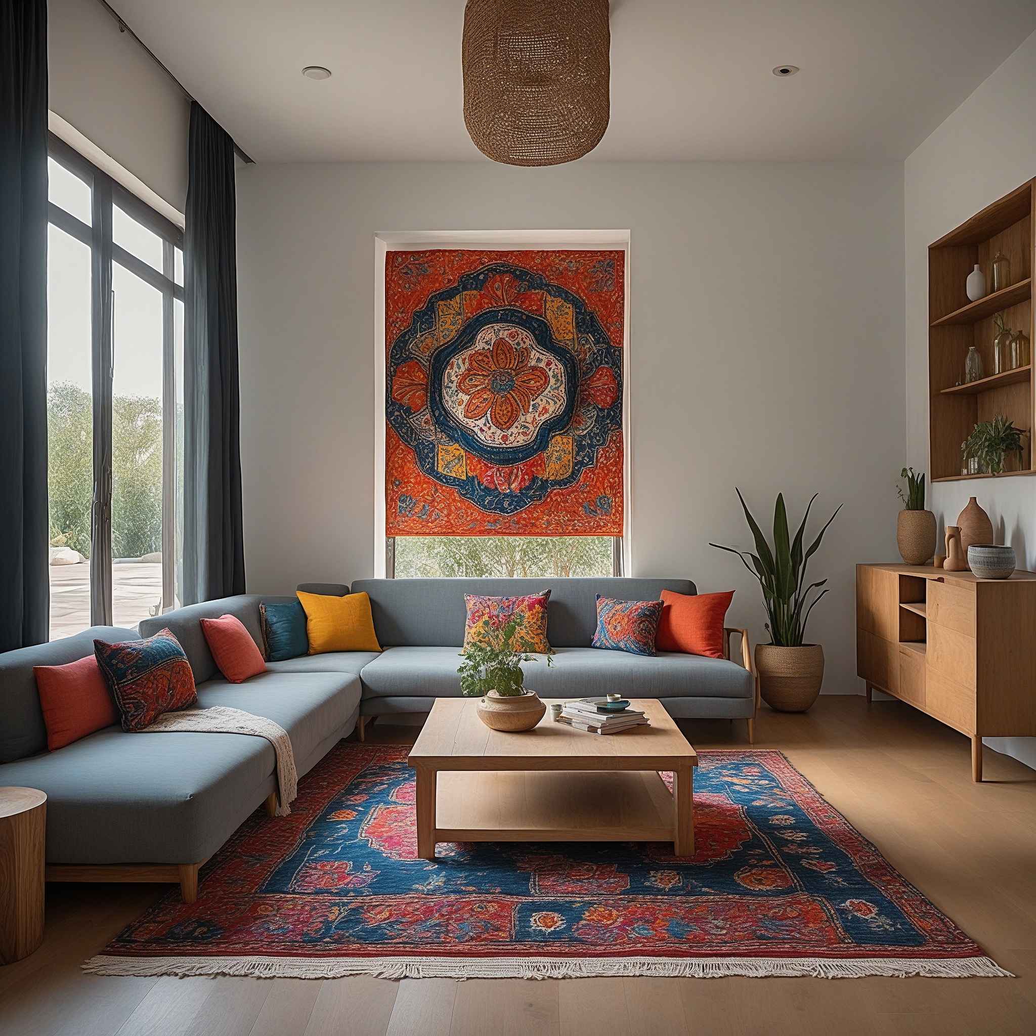 Large Living Room With Blue Sofa, Wooden Furniture And Large Mural