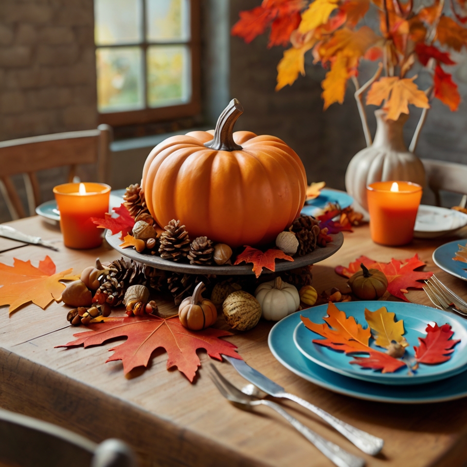 Large Pumpkinn With Acotns, Piecones And Paper Leaves