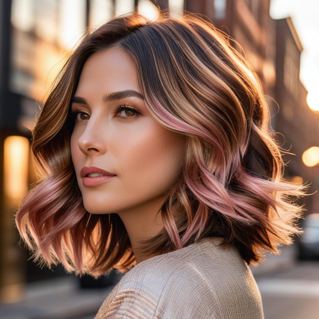 Layered Shoulder Lenght Rose Gold Balayage On Chestnut Brown Base