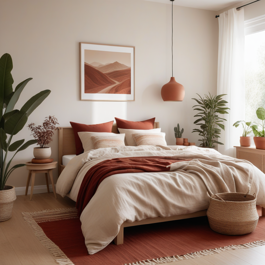 Light Oak bedframe, Neutral Bedding With Red Pillows, Minimal Decor