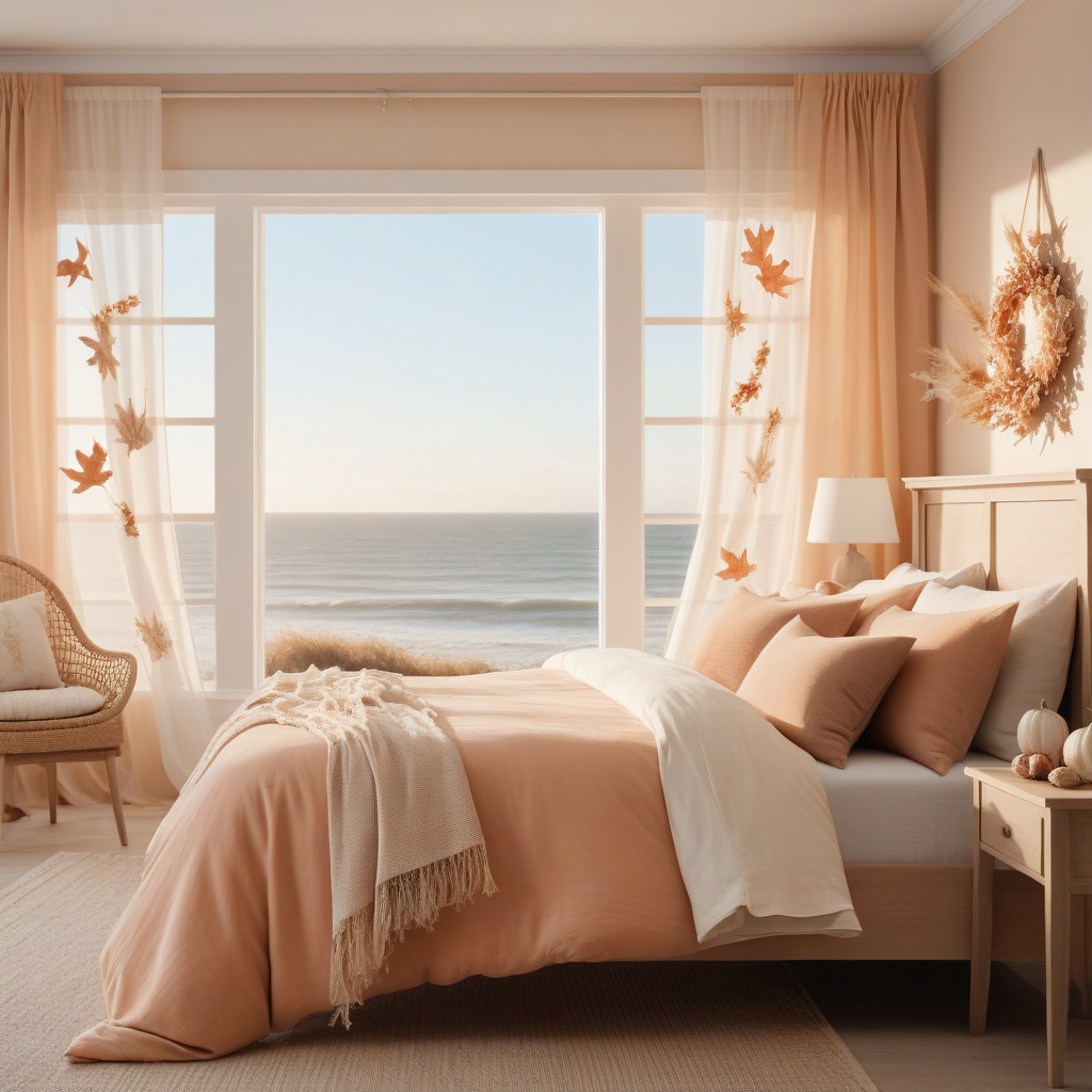 Light Wood Furniture, Soft Shades of Peach and Sand Bedding, Fall Leaf Decor