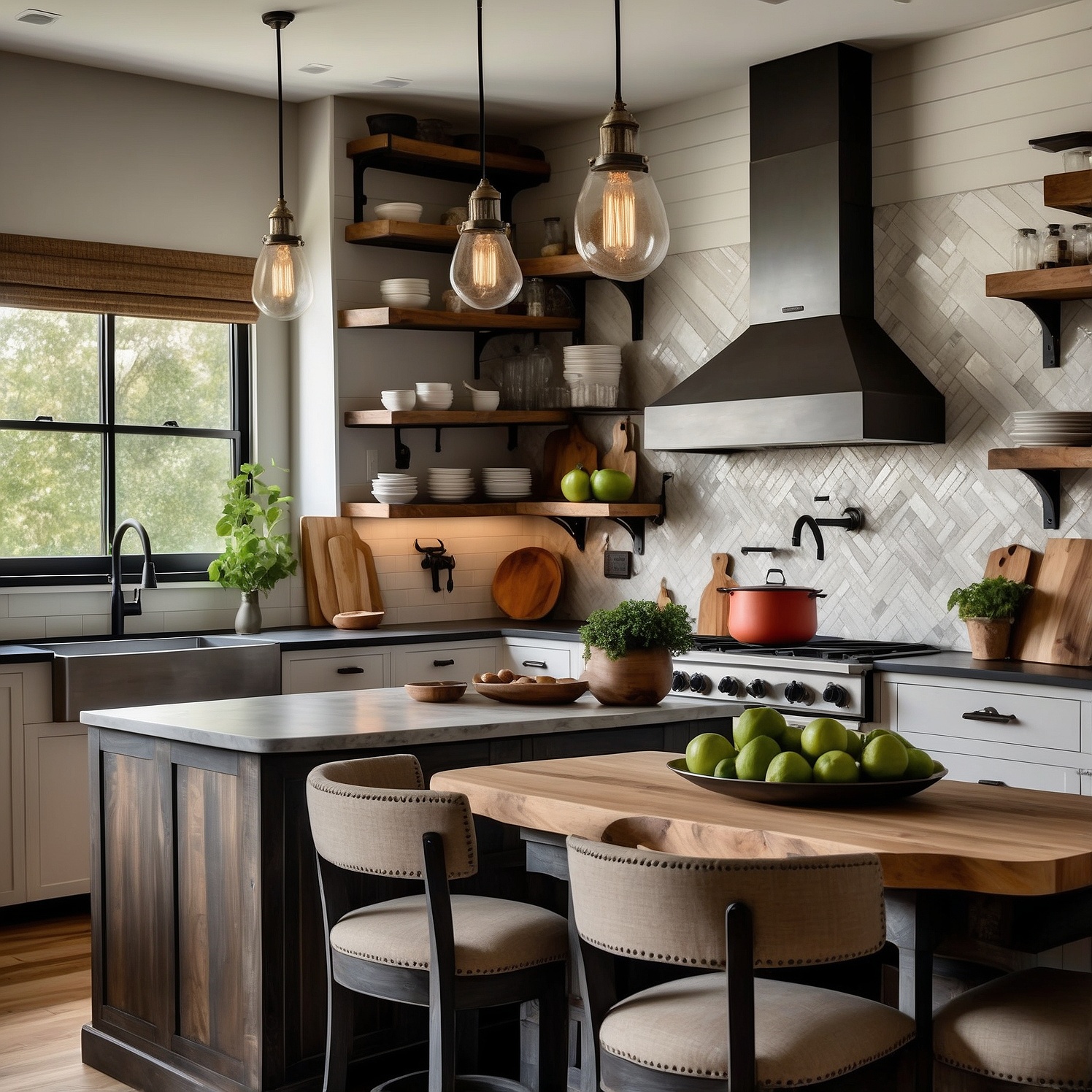 Light Wood Island, Stainless Steel Appliances, Open Shelving, Patterned Backsplash