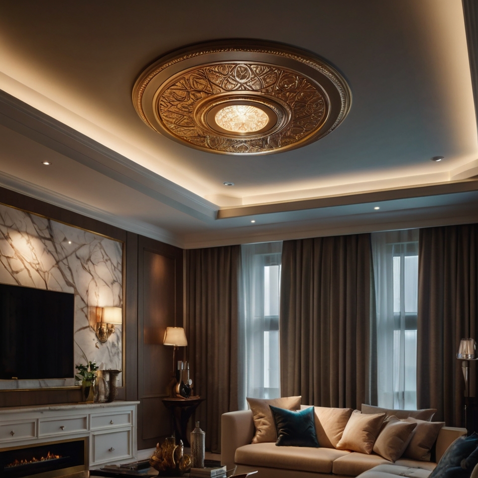 Living Room Tray Ceiling With Ornate Medallion And Recessed Lighting