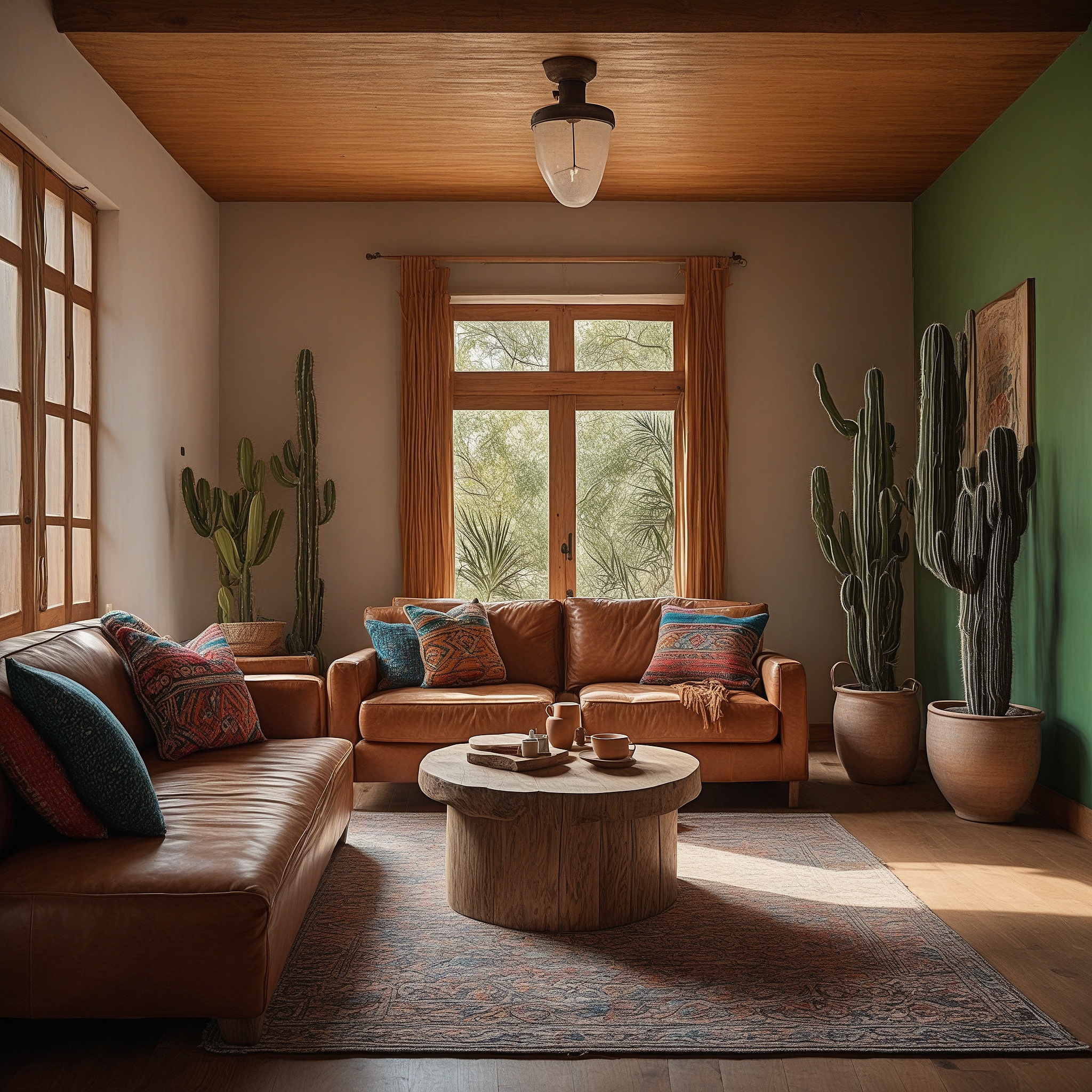 Living Room With Colorfil Cushions, Leather Sofa, Wooden Stump Coofee Tables