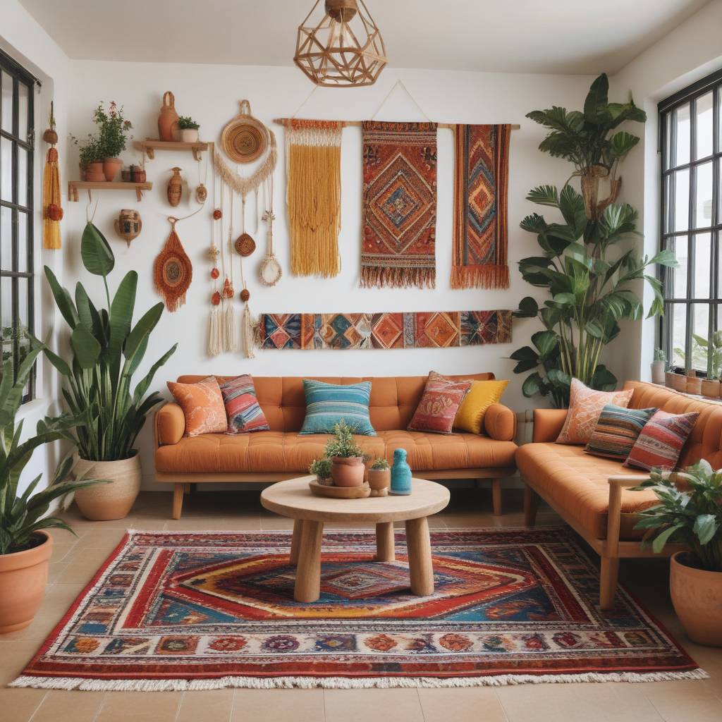 Living Room With Colorful Textiles, Woven Wall Hangings, Patterned Rugs