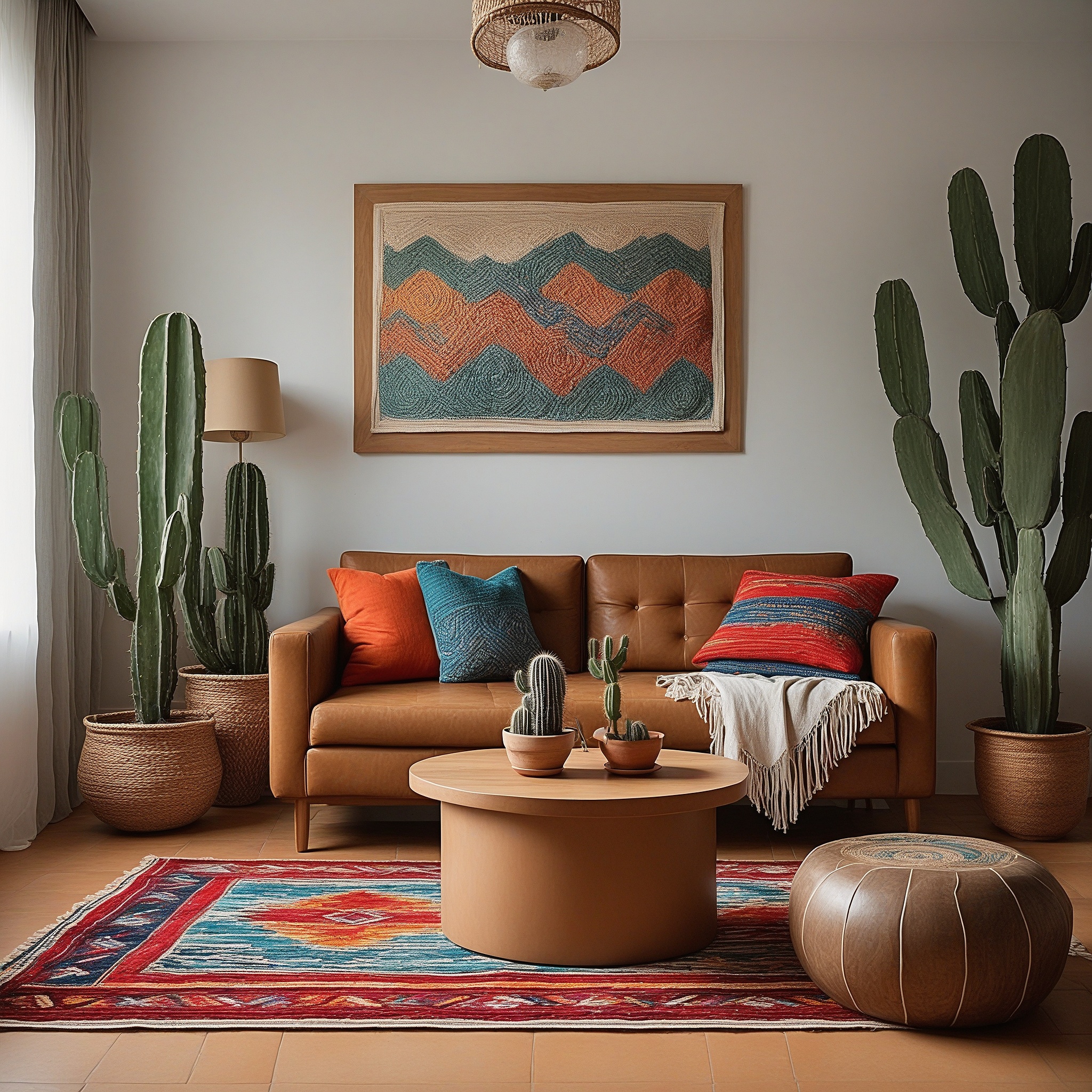 Living Room With Leather Furniture And Cactuses In Large Pots