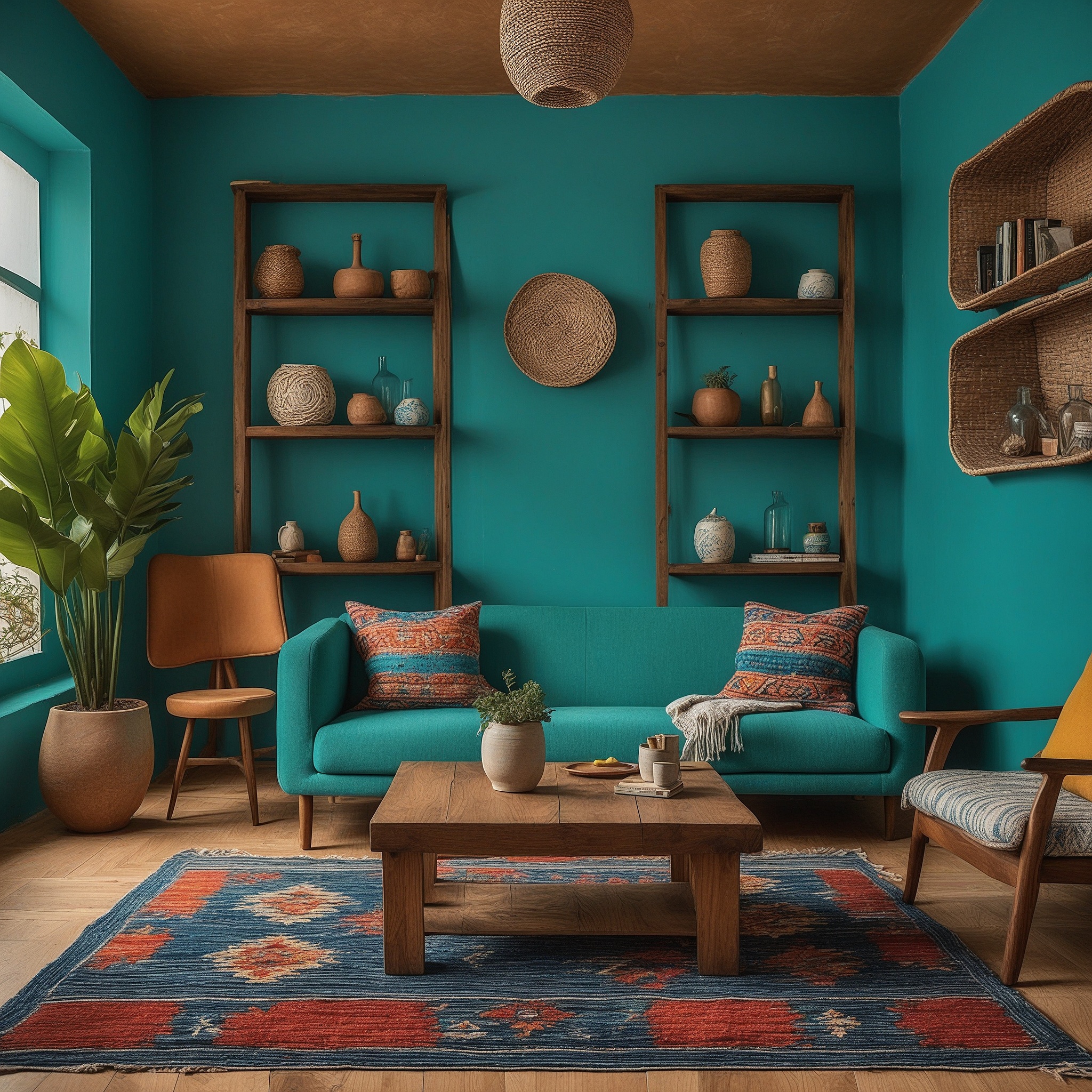 Living Room With Turquoise Accent Wall, Rustic Wooden Furniture And Colorful Cushion, Talavera Pottery