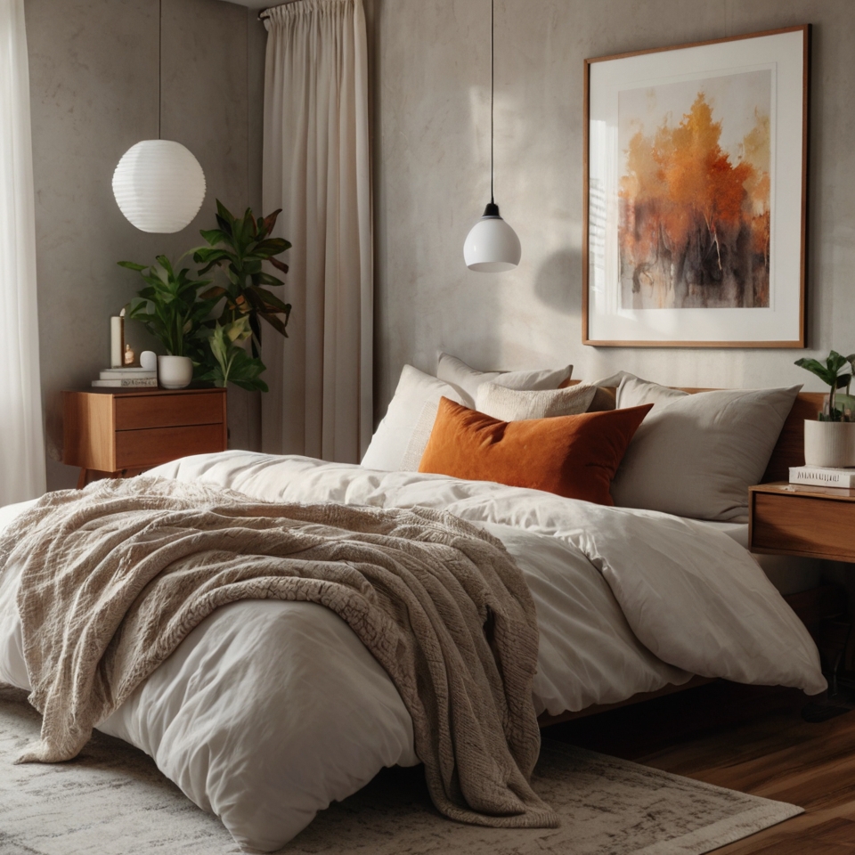 Llight Gray Walls, White Bedding with Burnt Orange Pillows, Small Indoor Plants