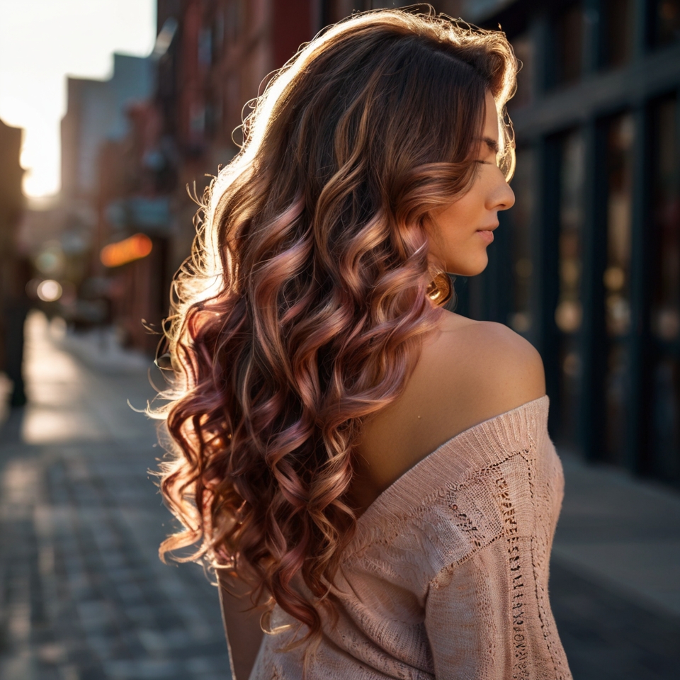 Long Loose Broen Curls With Rose Gold Balayage