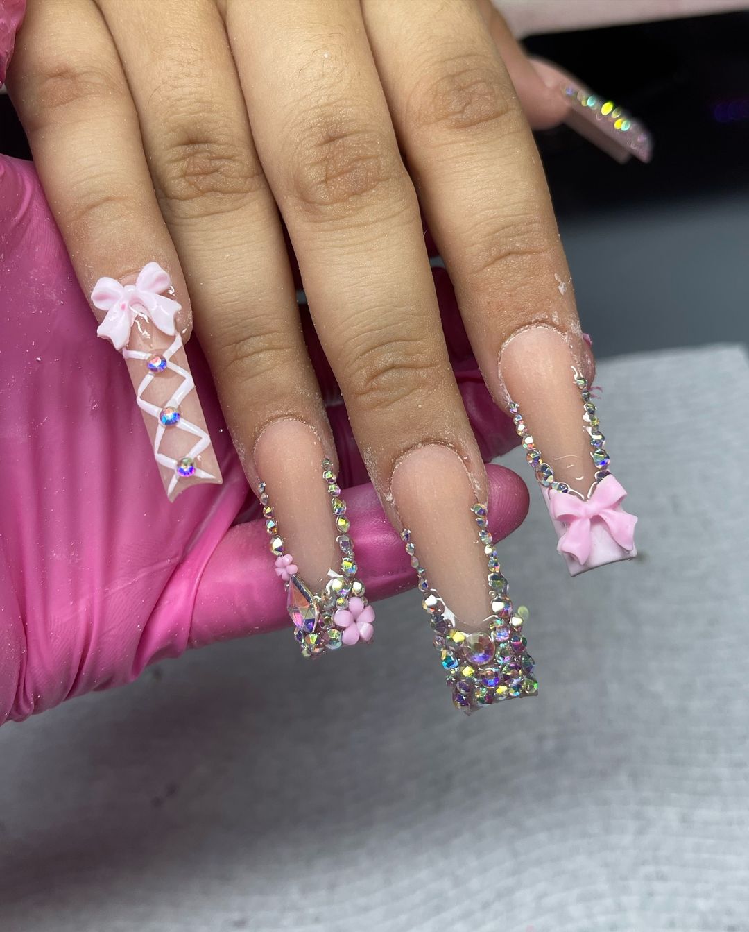 Long Square Bow And lace Nails With Rhinestones