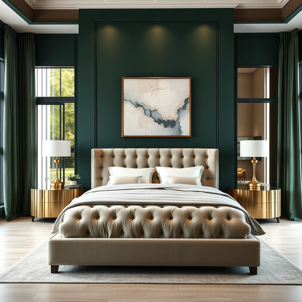 Luxurioud Bedroom With Dark Jade Green Accent Wall