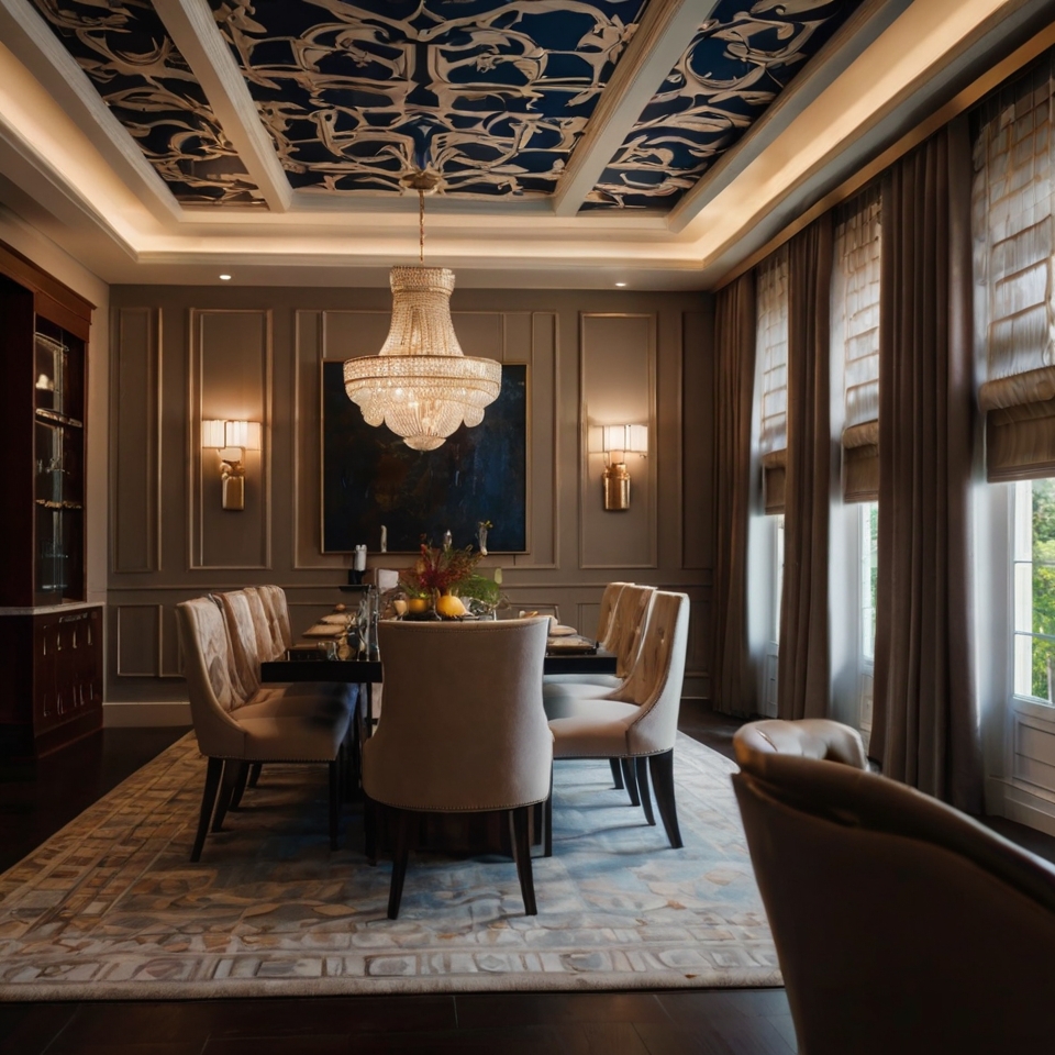 Luxurious Dining Area With a Tray Ceiling With Bold Pattern and Crown Molding