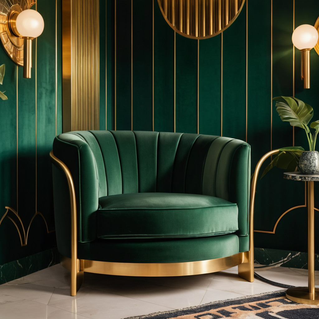 Luxurious Green Velvet Armchair With Brass Accents