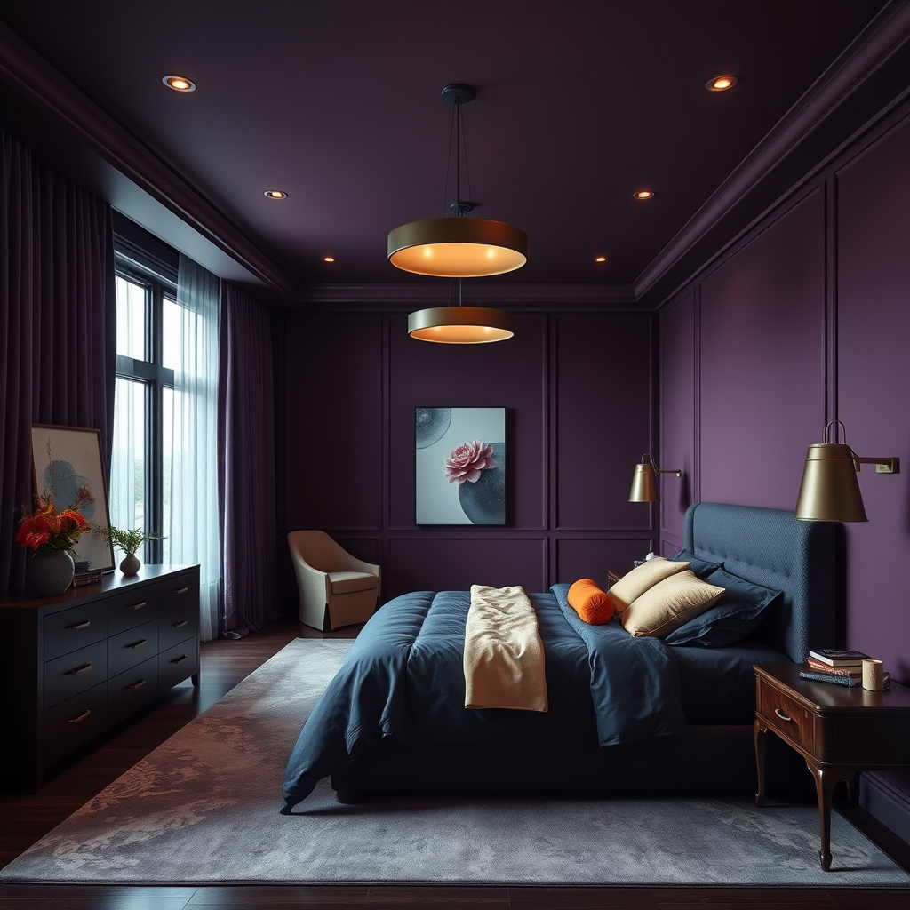 Luxury Bedroom With Dark Plum Walls, Navy Blue Bedding, Dark Wood Furniture