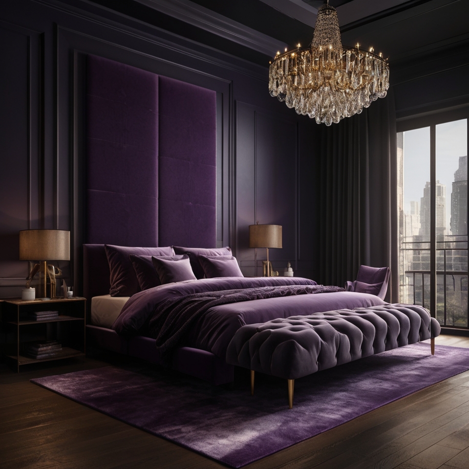 Luxury Bedroom With Dark Purple Walls, Purple Hued Plush Velvet Bedding, Modern Chandelier