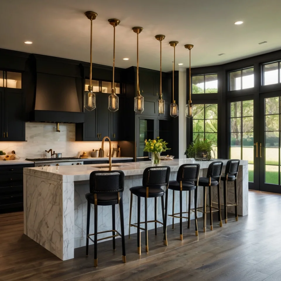 Matte Black Cabinets, White Marble Countertops, Oversized Kitchen Island, Wooden Bar Stools