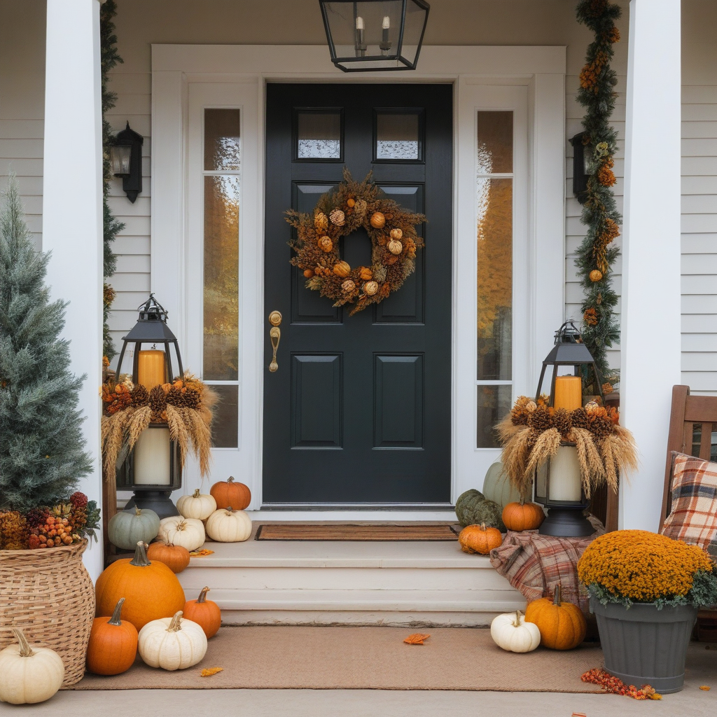 Metal Lantens With Wheat And Pinecones, Pale Green And Orange Leafy Garland, Pumpkins And Plaid Blankets