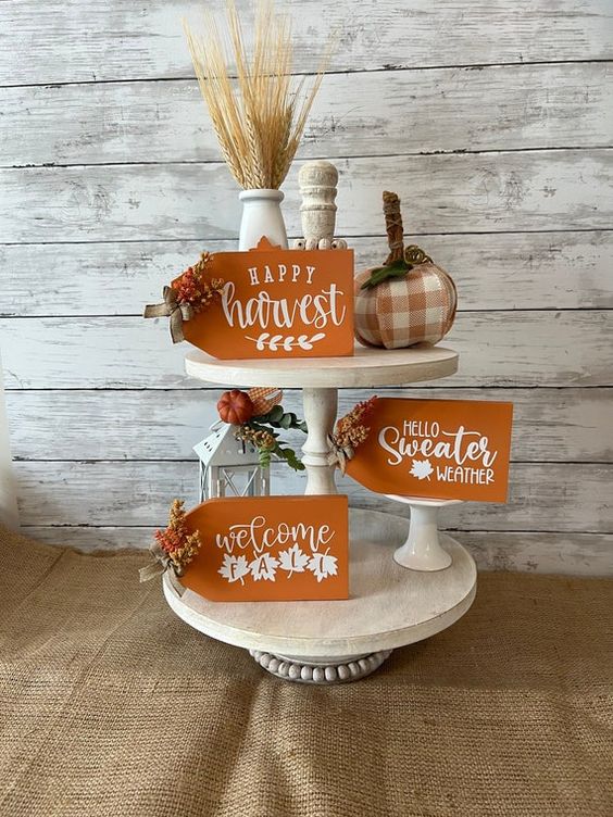 Mini Felt Pumpkin Wheat And Sighns Harvest Tiered Tray Set