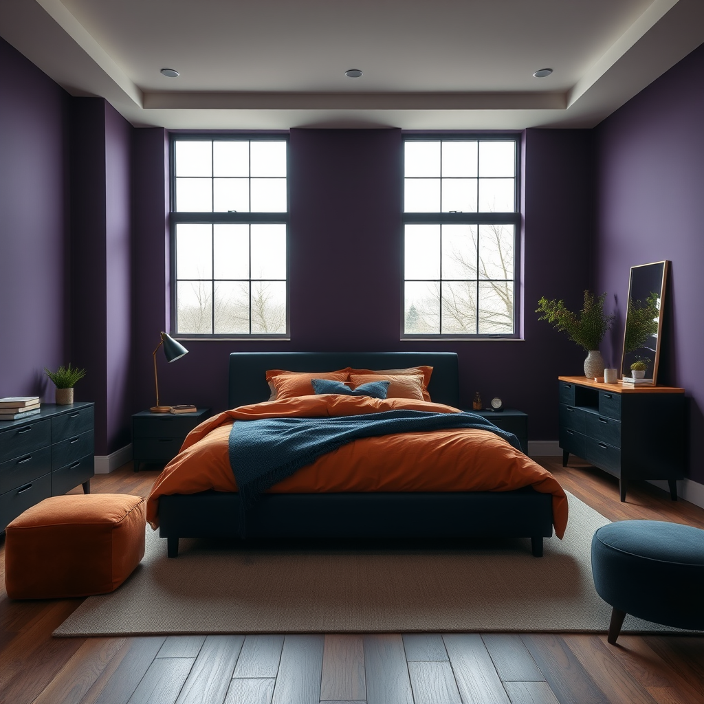 Minimalist Bedroom With Purple Walls, Warm Orange And Beige Bedding, Dark Navy Blue Furniture