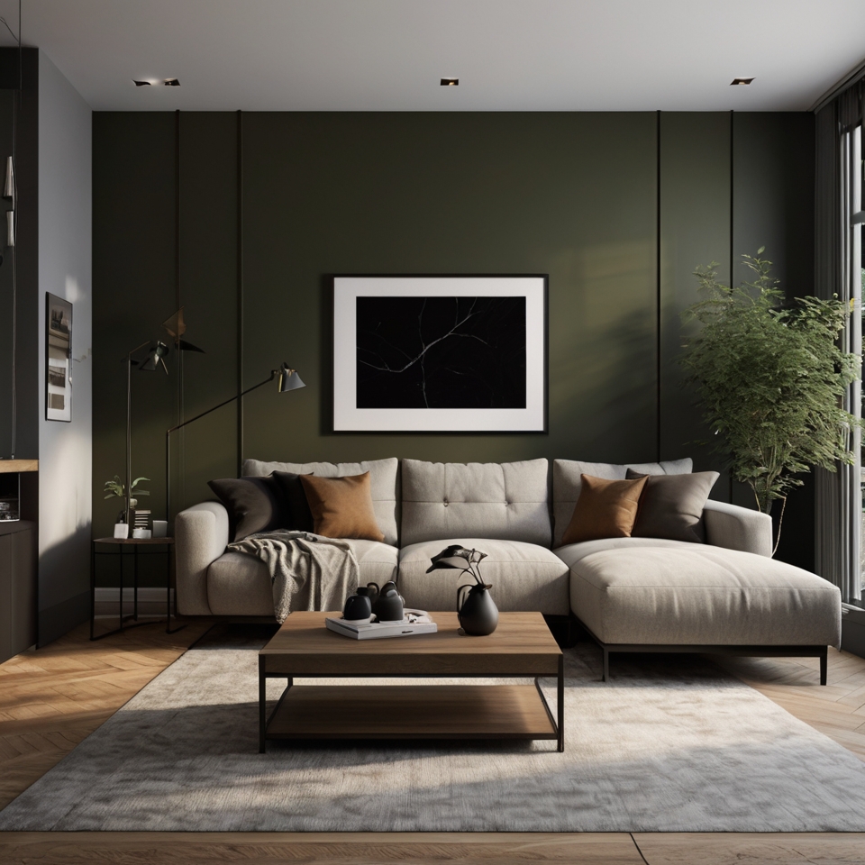 Minimalist Living Room With Dark Olive Green Accent Wall