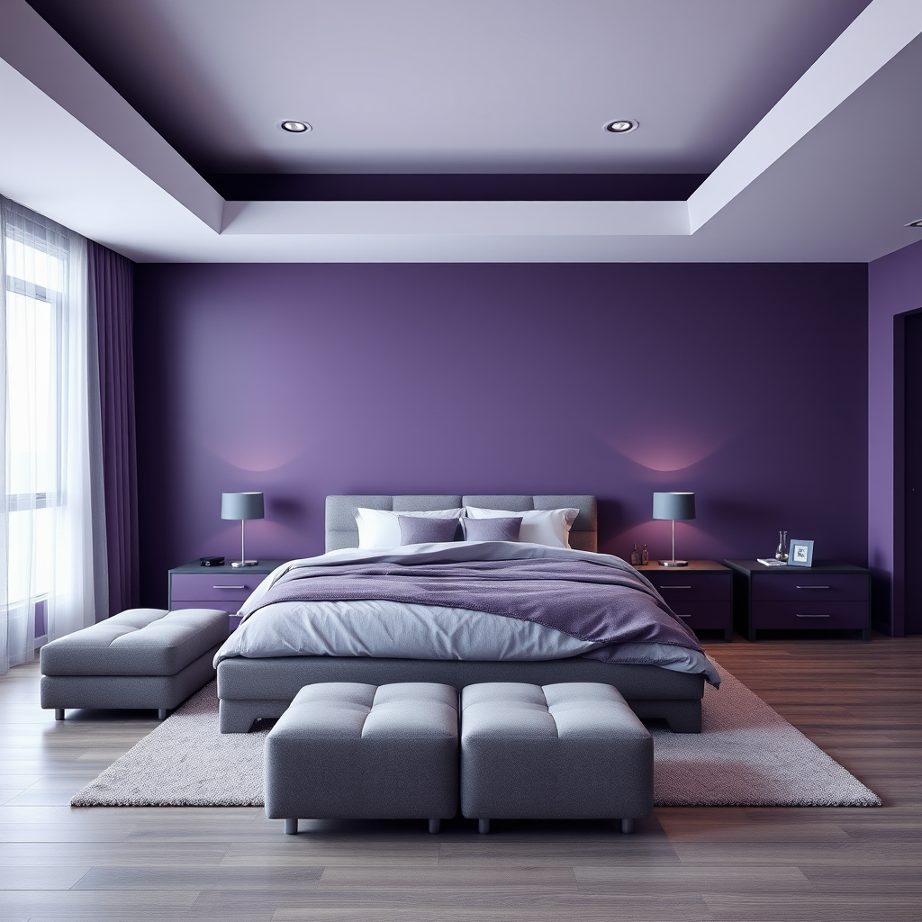 Minimalist Moody Bedroom, Dark Purple Walls, Sleek Gray Durniture, Lavender and White Bedding