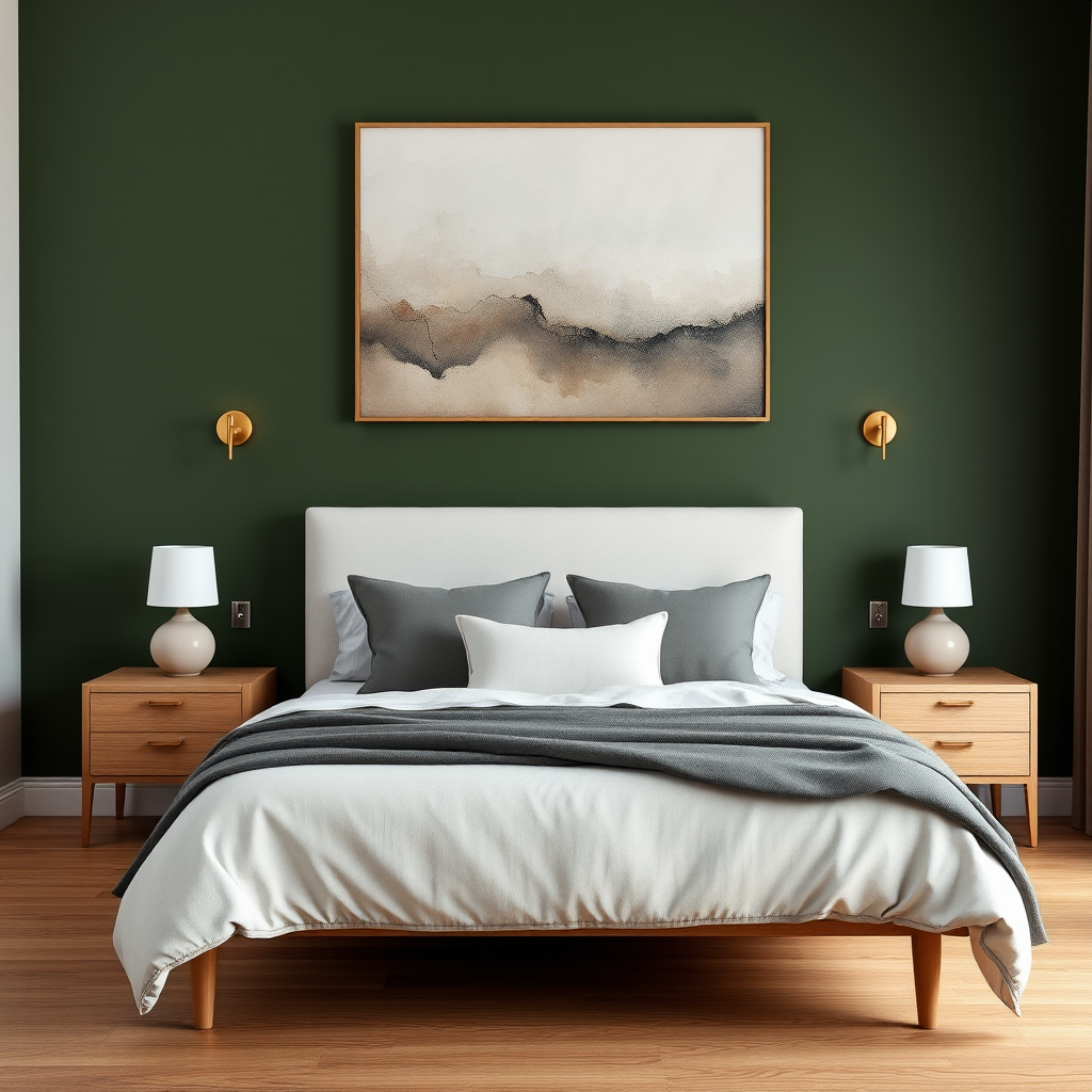 Minimallist Bedroom With Moss Green Accent Wall