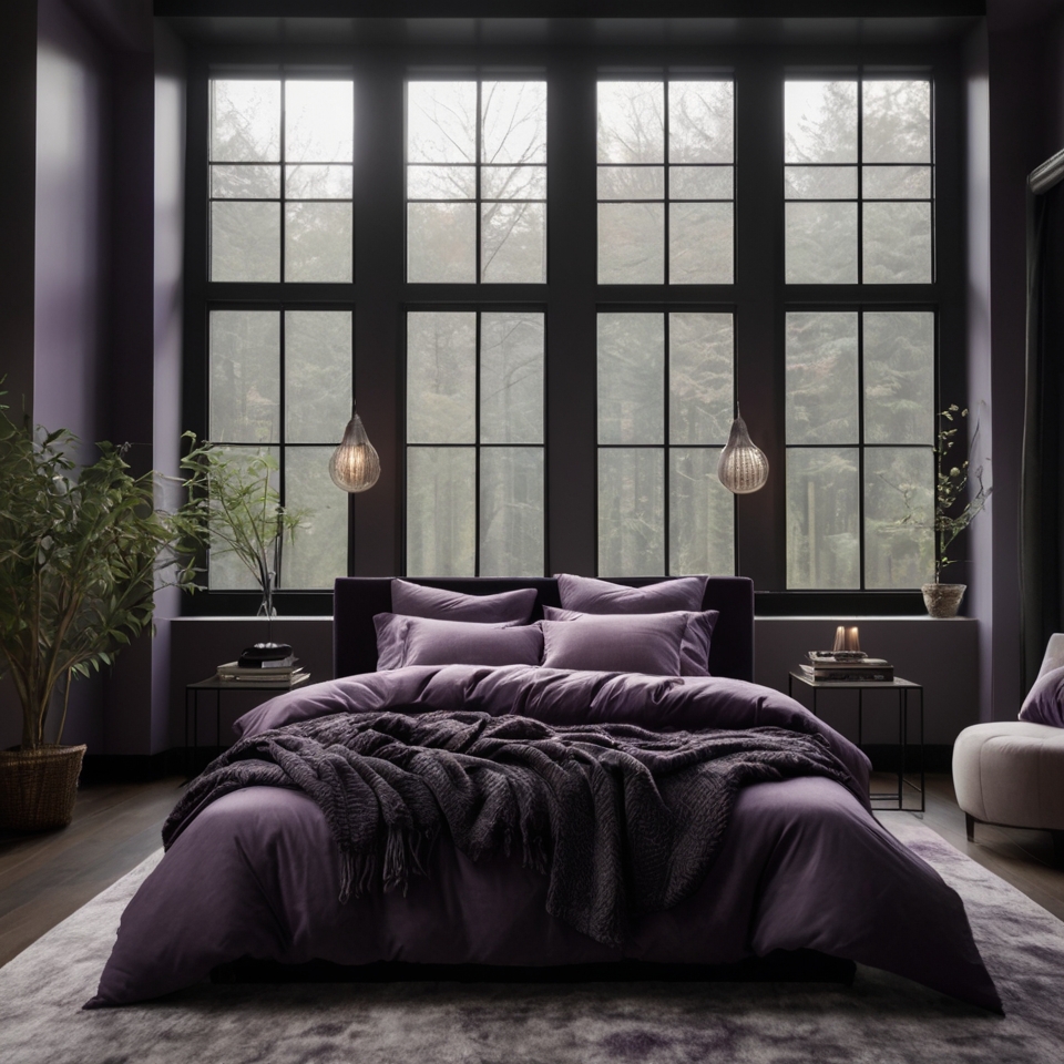 Modern Bedroom With Dark Purple Walls, Large Windows, Sleek Black Bed And Purple Bedding