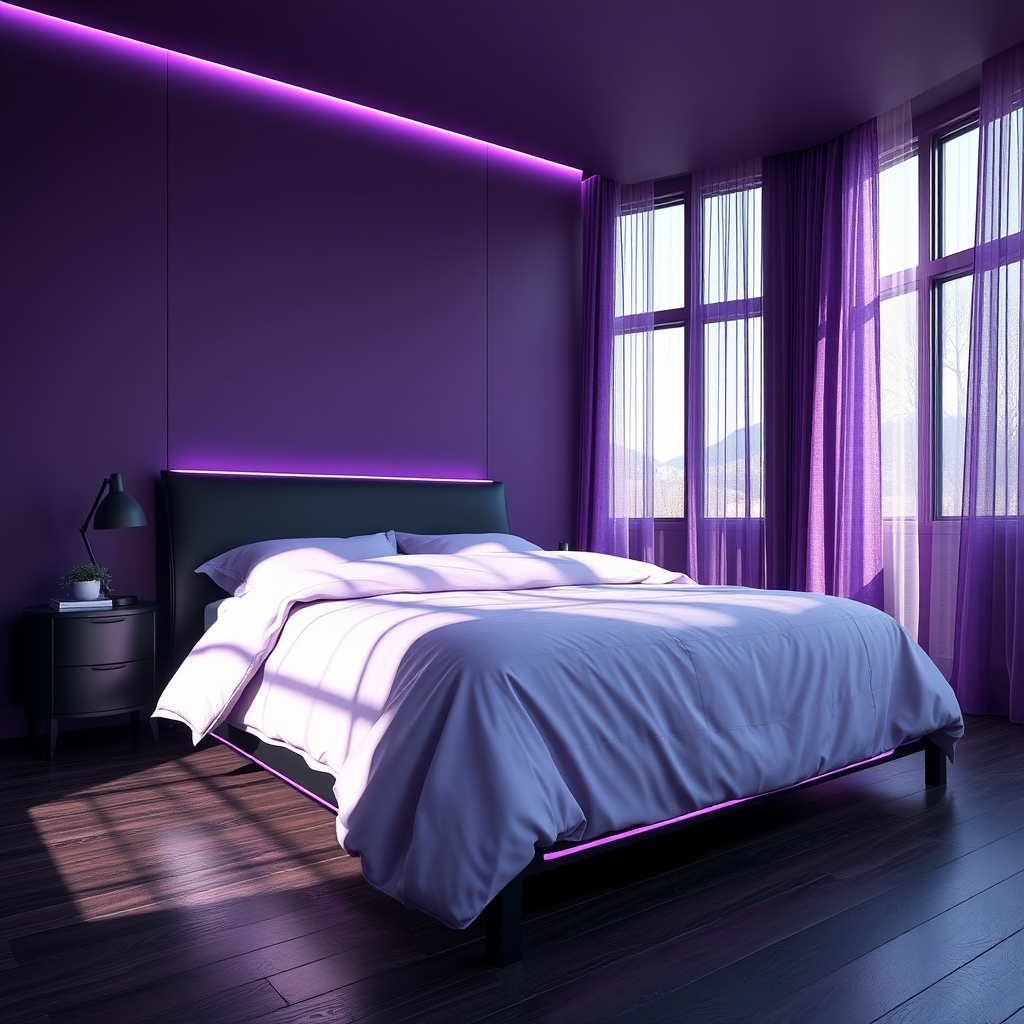 Modern Bedroom With Deep Eggplant Walls, Lavender Bedding, Hidden LED strips