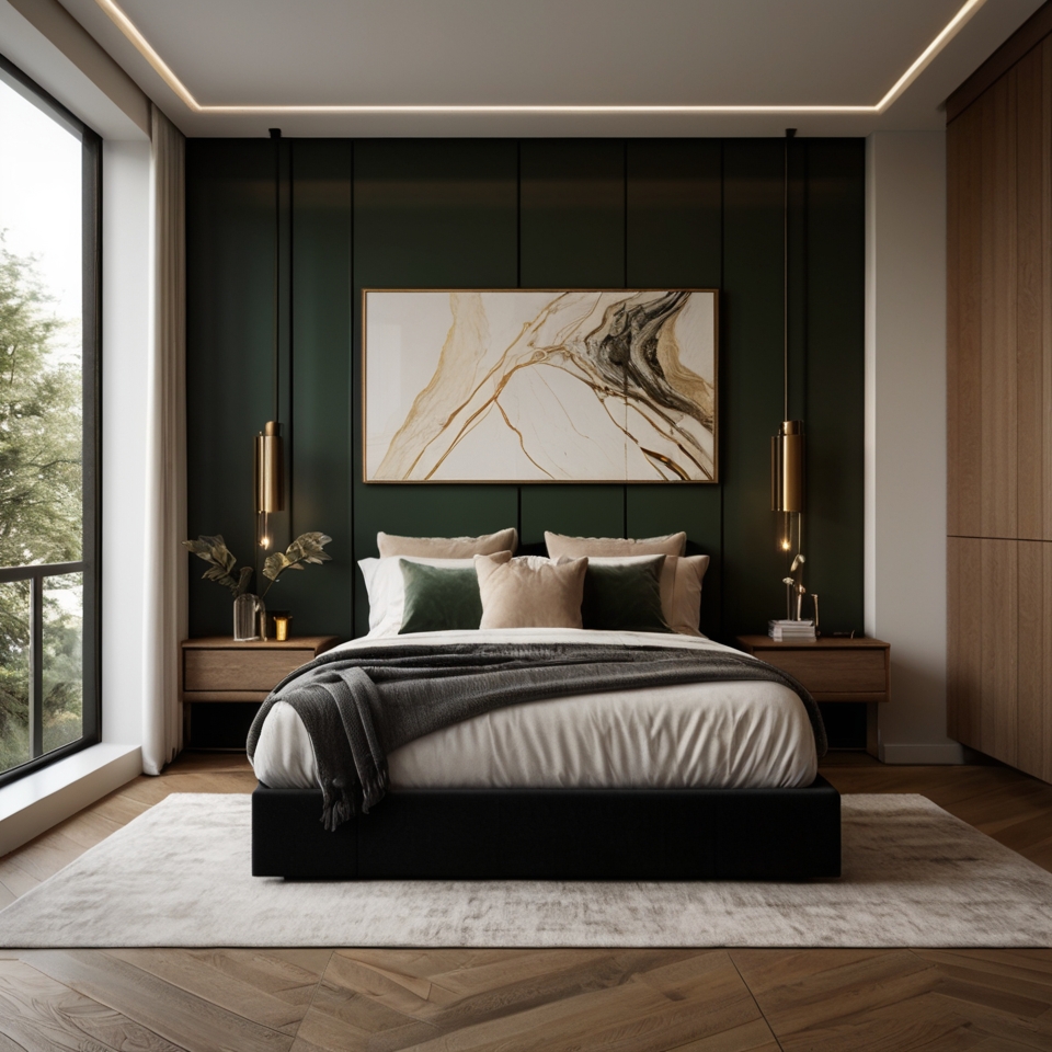 Modern Bedroom With Deep Green Panneled Accent Wall And Black Bed