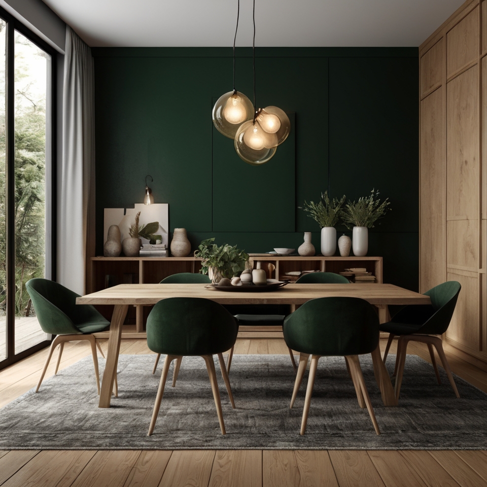 Modern Dining Room With Dark Emerald Green Accent Wall