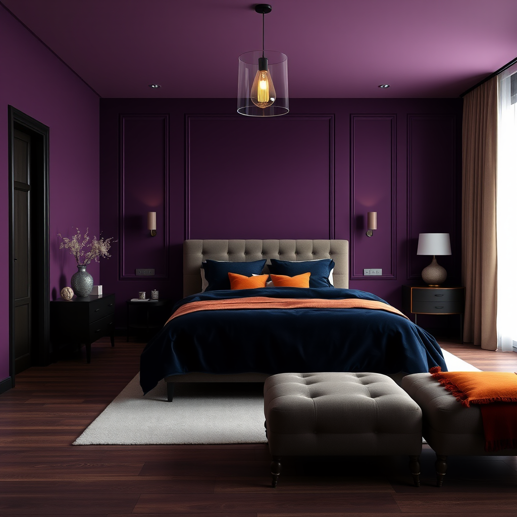 Moody Bedroom With Deep Plum Walls, Navy Blue Velvet Bedding, Dark Wood Furniture