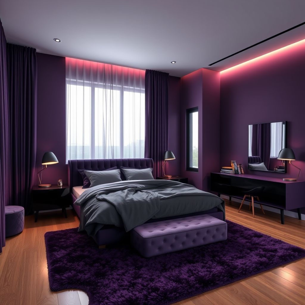 Moody Bedroom With Deep Purple Walls, Dark Velvt Furnishings, Wood Floors