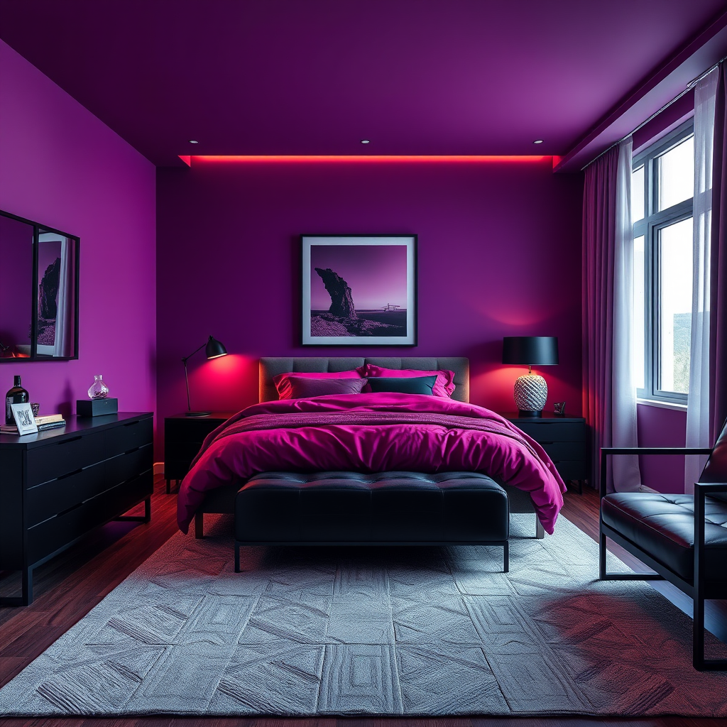 Moody Dark Purple Bedroom With Black, Magenta and Gray Details