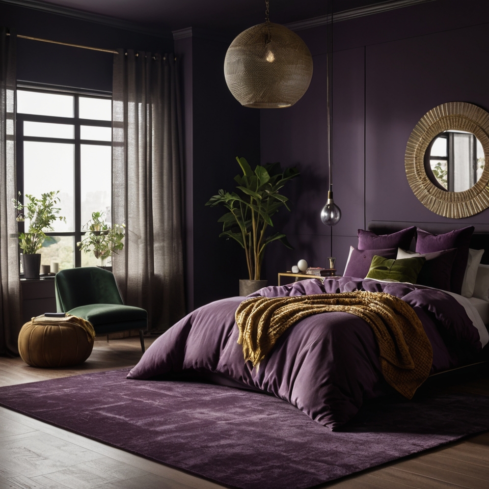 Moody Dark Purple Bedroom With Green, Beige and Gold Details