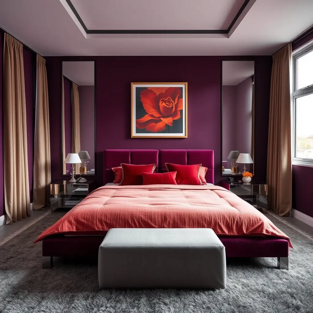 Moody Purple Bedroom Wirh Deep Red And Orange Accents