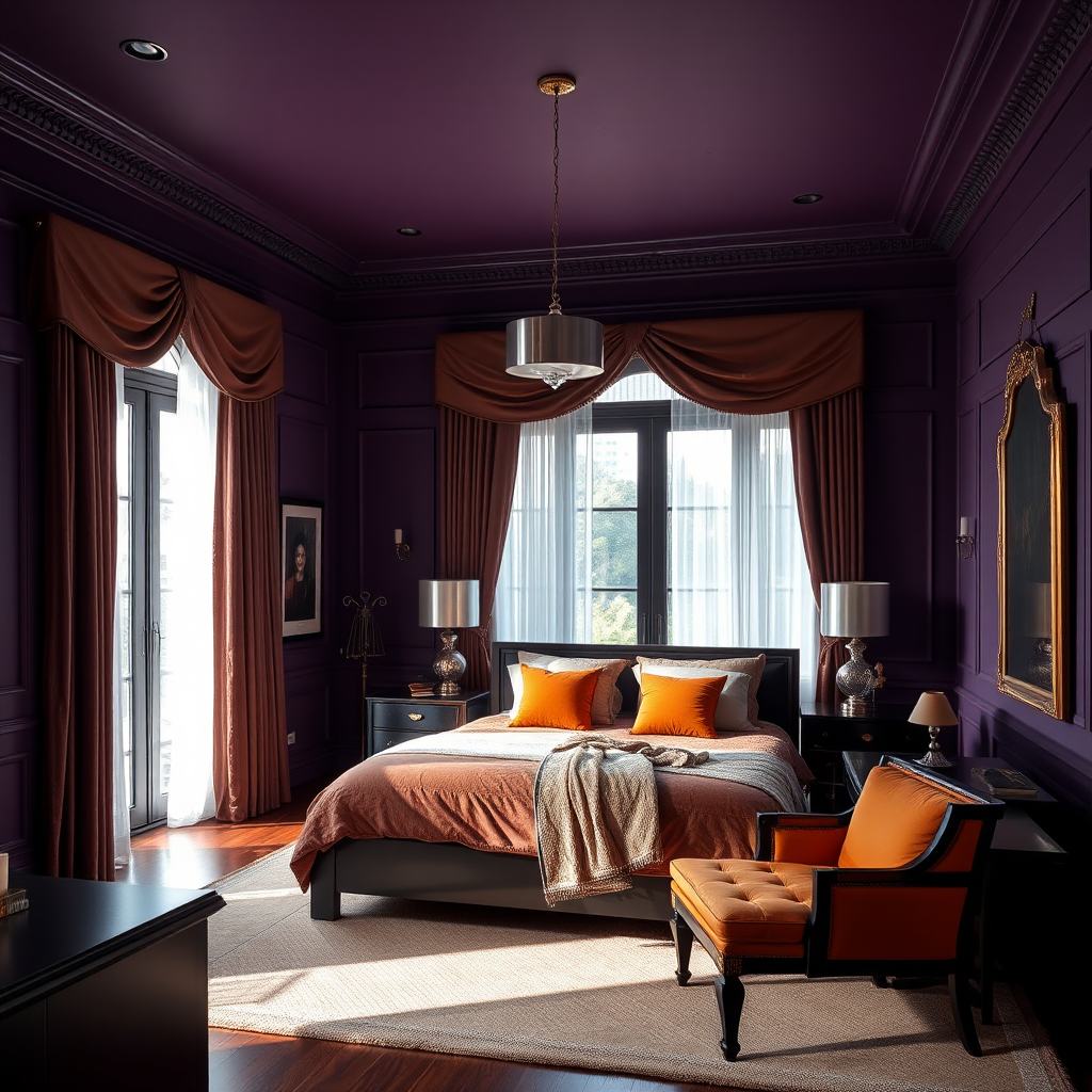 Moody Purple Bedroom With Deep Eggplant Walls, Rich Gold, Orange and Beige Accents