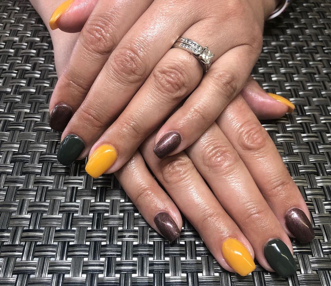 Mustard Yellow, Dark Green And Dark Brown Glitter Nails