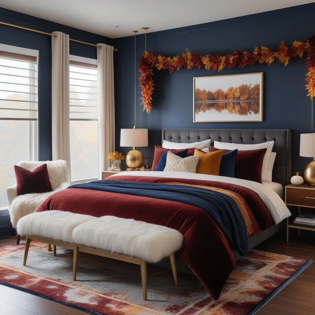 Navy And Burnt Orange Bedding, Velvet Throw Pillows, Autumn Leaf Farlands