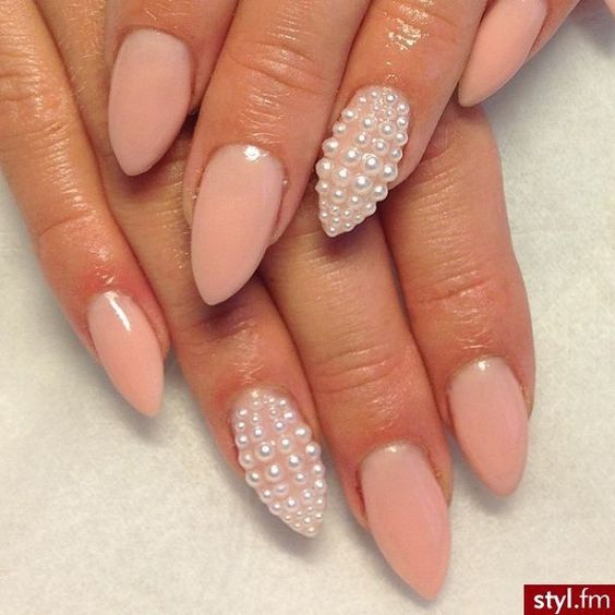 Nude Pink Almond Nails With Pearl Encrusted Accent