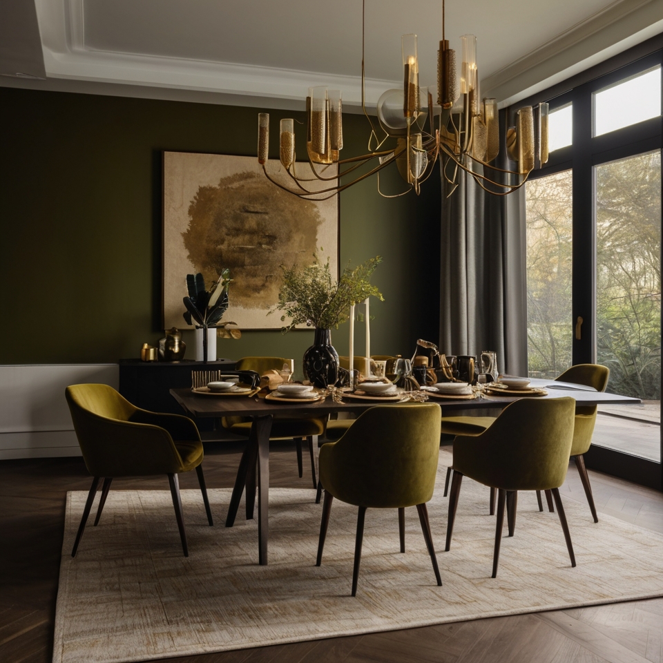 Olive Green Accent Wall In Elegant Dining Room