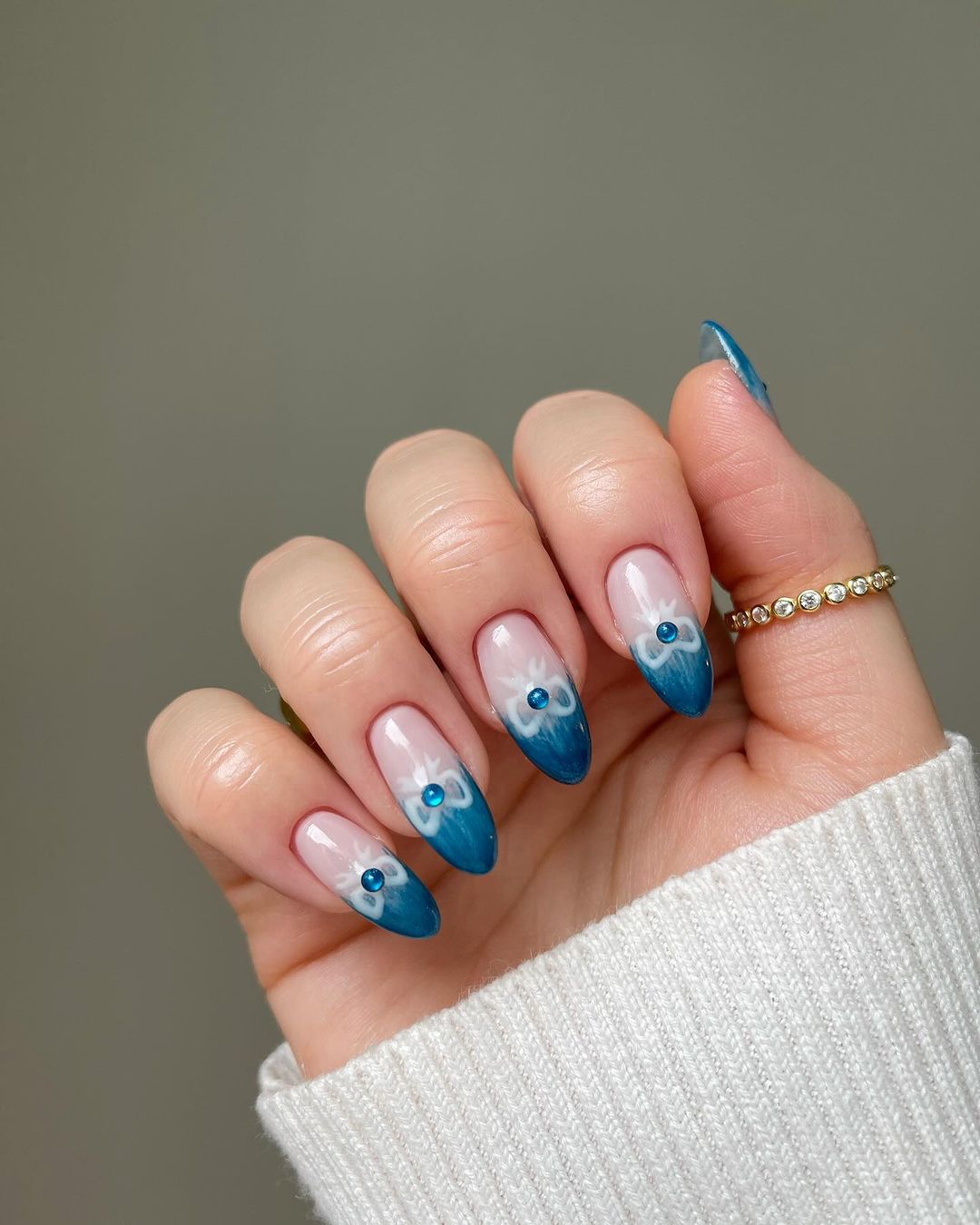 Ombre Blue Chrome Oval Nails With White Bows