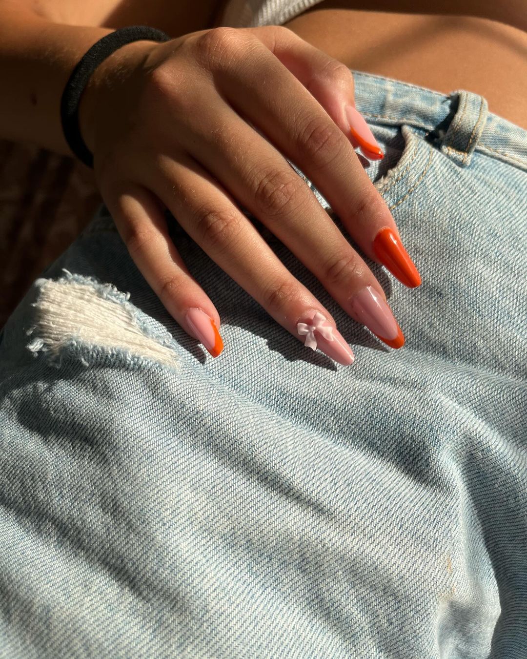 Orange And Nude Bow Nails