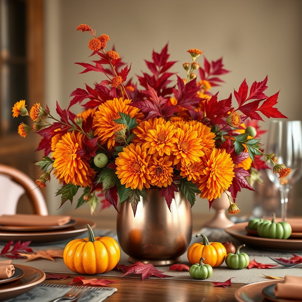 Orange Marigolds, Red Maple Leaces And Gouurds In Copper Vase