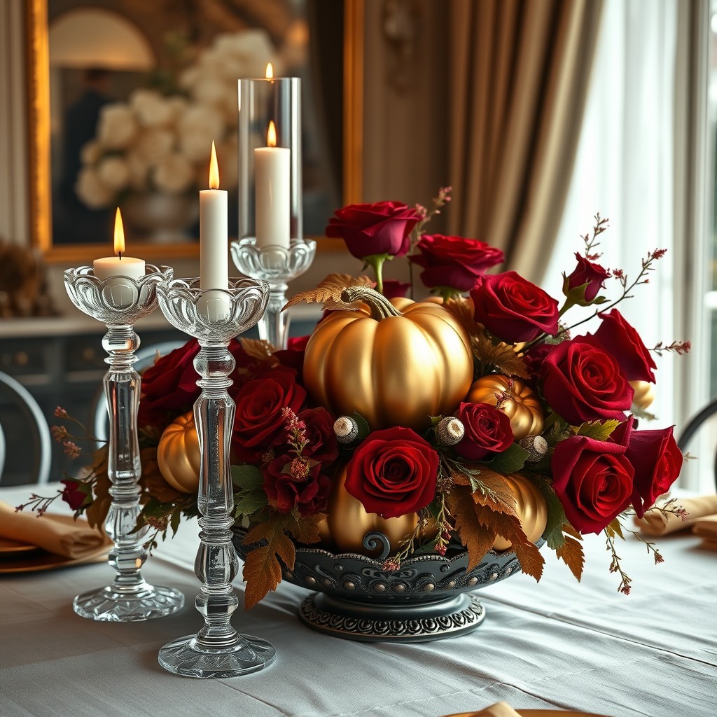 Ornate Vase With Gold Pumpkins And Red Roses