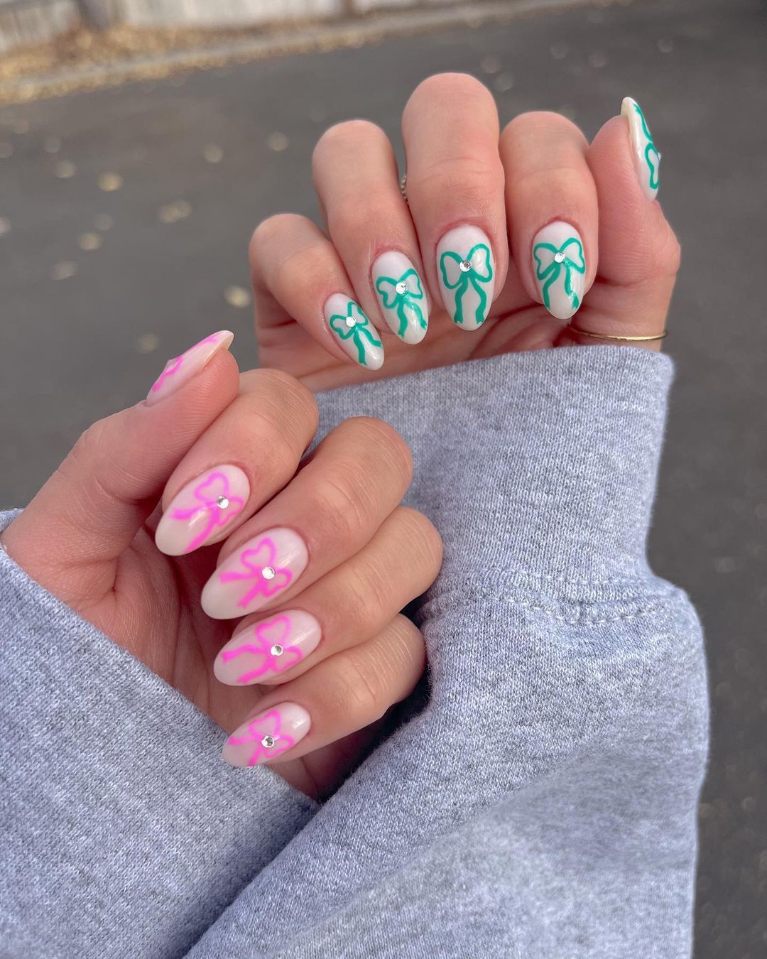 Pearl Oval Nails With Pink And Blue Nails