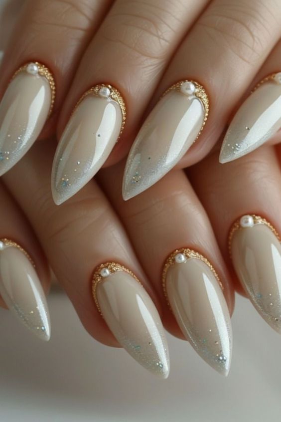 Pearl Stiletto Nails with Silver Glitter Tops, Pearls And Gold Moon