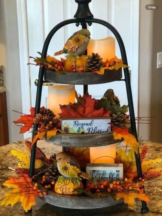 Pinecones-Fall-Leaves-And-Candle-Tiered-Tray-Display